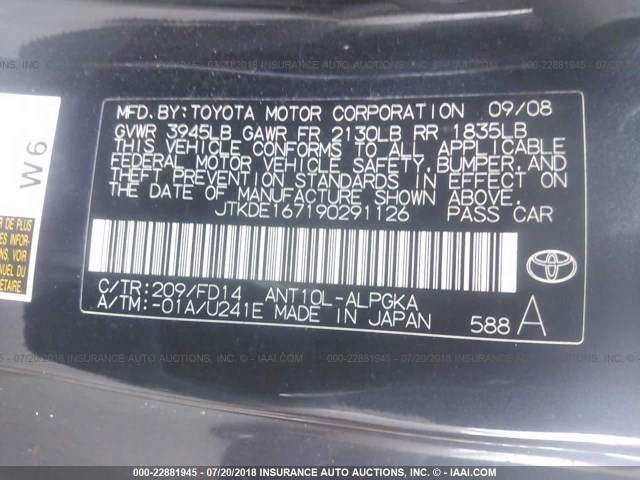 JTKDE167190291126 - 2009 TOYOTA SCION TC 黑色 照片 9