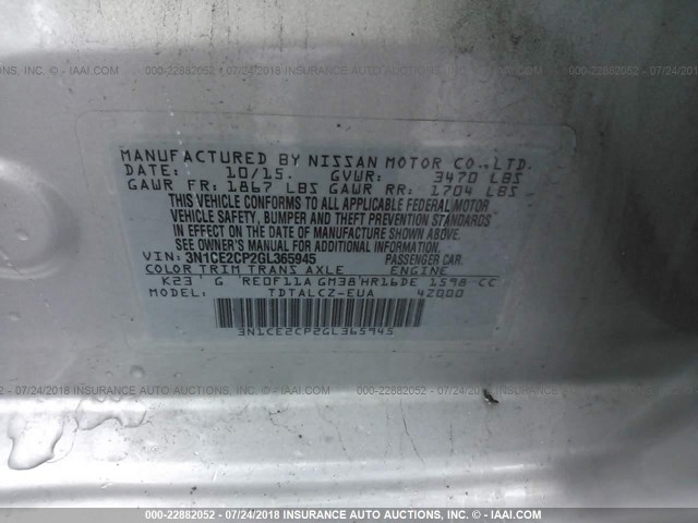 3N1CE2CP2GL365945 - 2016 NISSAN VERSA NOTE S/S PLUS/SV/SL/SR SILVER photo 9