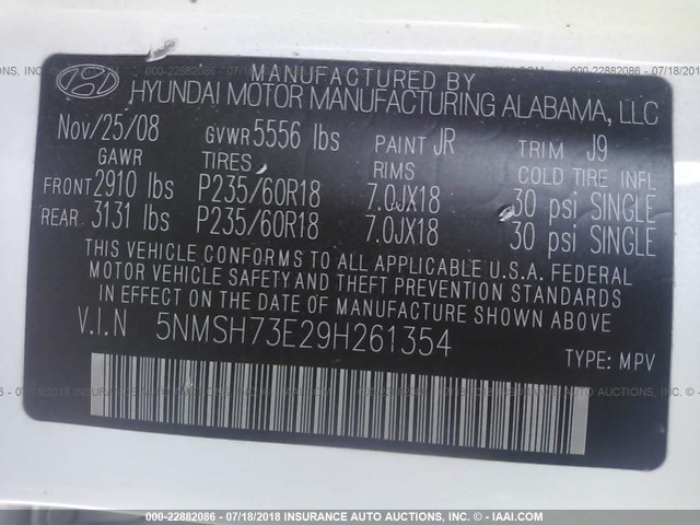 5NMSH73E29H261354 - 2009 HYUNDAI SANTA FE SE/LIMITED WHITE photo 9