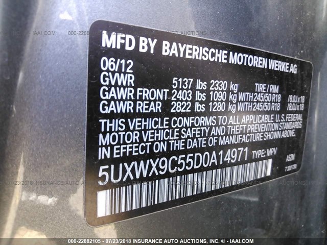 5UXWX9C55D0A14971 - 2013 BMW X3 XDRIVE28I GRAY photo 9