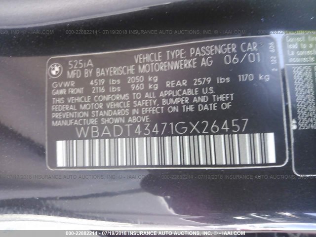 WBADT43471GX26457 - 2001 BMW 525 I AUTOMATIC BLACK photo 9