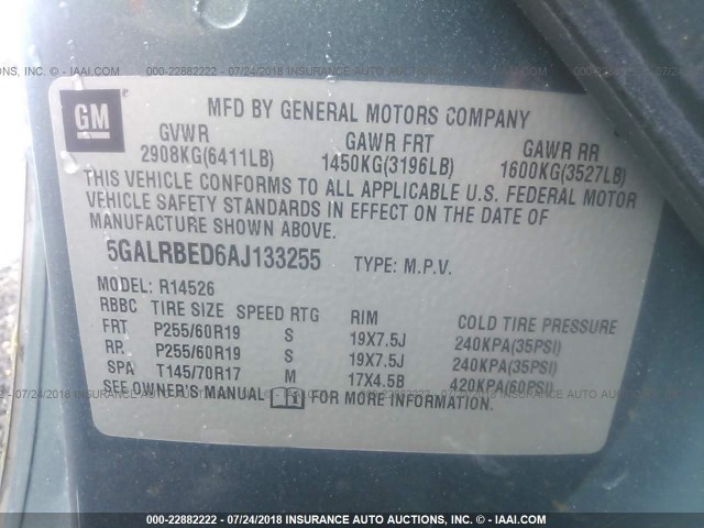 5GALRBED6AJ133255 - 2010 BUICK ENCLAVE CXL Bleu clair photo 9