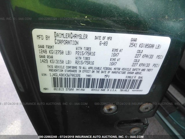 1J4GL48KX3W706326 - 2003 JEEP LIBERTY SPORT/FREEDOM GREEN photo 9