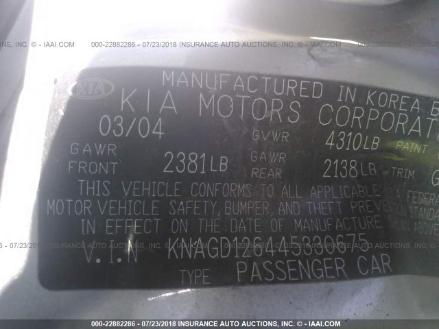 KNAGD126445330675 - 2004 KIA OPTIMA LX/EX SILVER photo 9