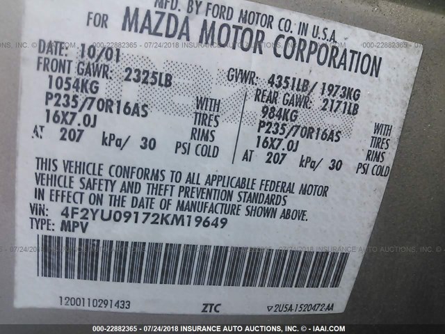 4F2YU09172KM19649 - 2002 MAZDA TRIBUTE LX/ES 锡色 照片 9