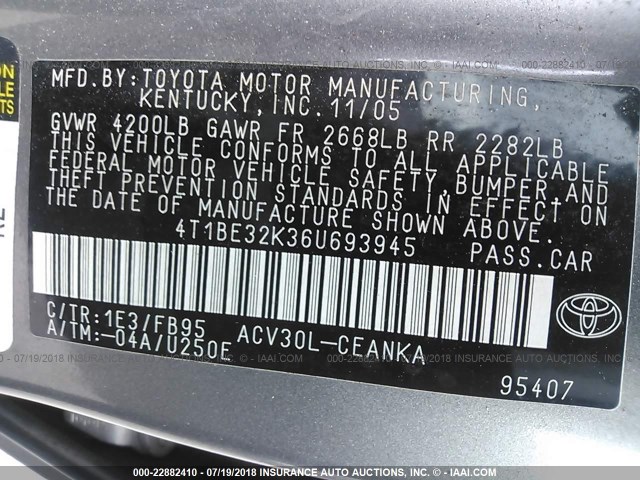 4T1BE32K36U693945 - 2006 TOYOTA CAMRY LE/XLE/SE Boz foto 9