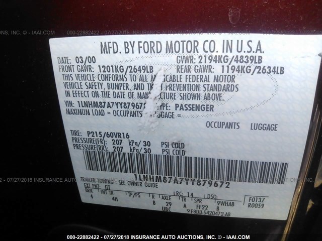 1LNHM87A7YY879672 - 2000 LINCOLN LS 勃艮第红 照片 9