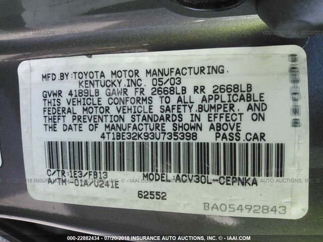 4T1BE32K93U735398 - 2003 TOYOTA CAMRY LE/XLE/SE GRAY photo 9