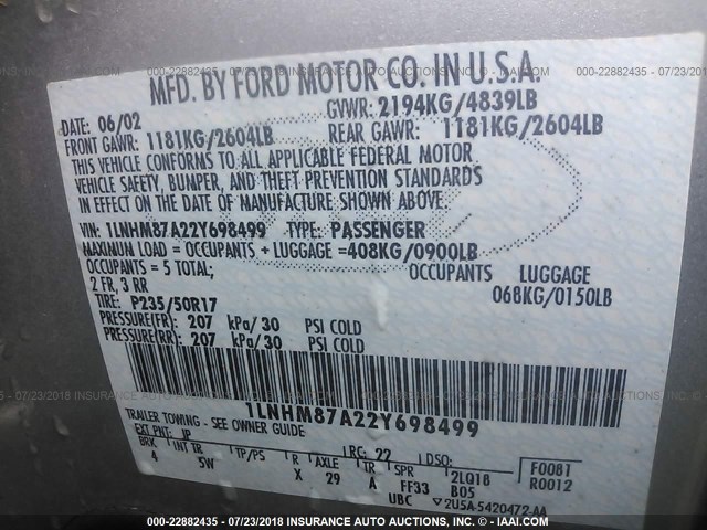 1LNHM87A22Y698499 - 2002 LINCOLN LS 灰色 照片 9