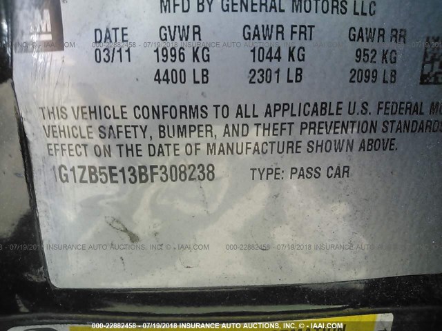 1G1ZB5E13BF308238 - 2011 CHEVROLET MALIBU LS BLACK photo 9