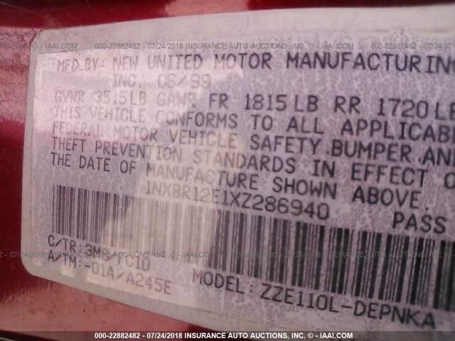 1NXBR12E1XZ286940 - 1999 TOYOTA COROLLA VE/CE/LE 栗色 照片 9