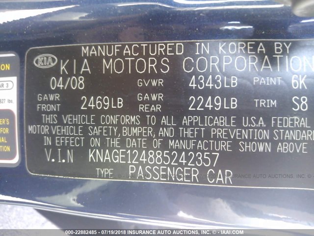 KNAGE124885242357 - 2008 KIA OPTIMA LX/EX BLUE photo 9