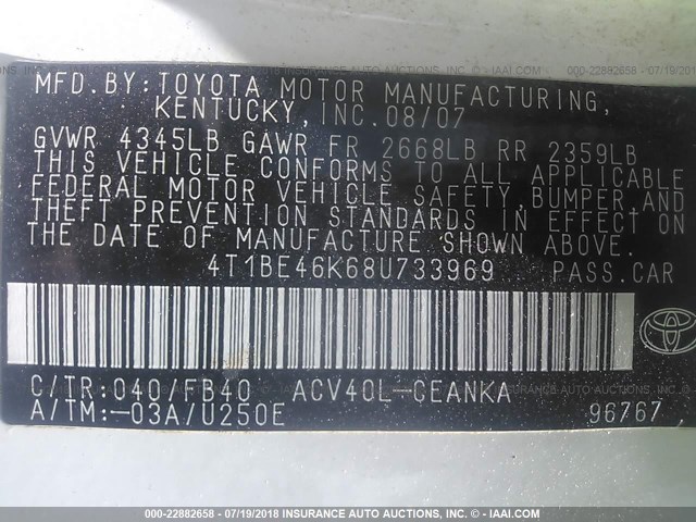 4T1BE46K68U733969 - 2008 TOYOTA CAMRY CE/LE/XLE/SE WHITE photo 9