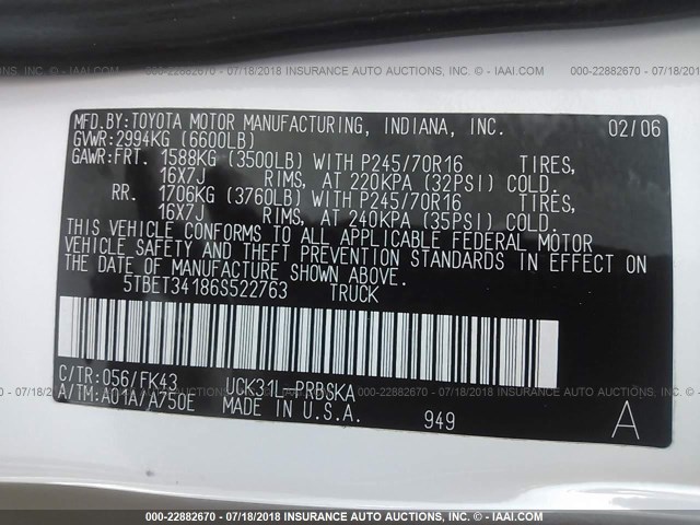 5TBET34186S522763 - 2006 TOYOTA TUNDRA DOUBLE CAB SR5 WHITE photo 9