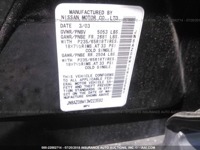 JN8AZ08W13W223592 - 2003 NISSAN MURANO SL/SE BLACK photo 9