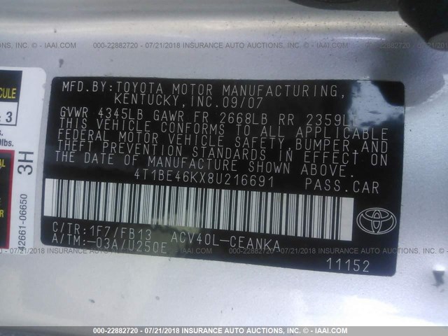 4T1BE46KX8U216691 - 2008 TOYOTA CAMRY CE/LE/XLE/SE SILVER photo 9