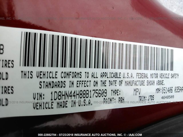 1D8HN44H88B175609 - 2008 DODGE GRAND CARAVAN SE RED photo 9