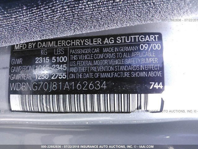 WDBNG70J81A162634 - 2001 MERCEDES-BENZ S 430 SILVER photo 9