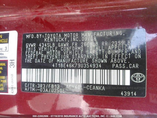 4T1BE46K79U354934 - 2009 TOYOTA CAMRY SE/LE/XLE RED photo 9