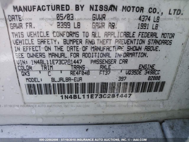 1N4BL11E73C281447 - 2003 NISSAN ALTIMA SE WHITE photo 9