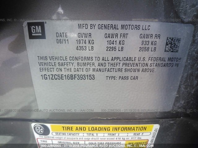 1G1ZC5E16BF393153 - 2011 CHEVROLET MALIBU 1LT 棕色 照片 9