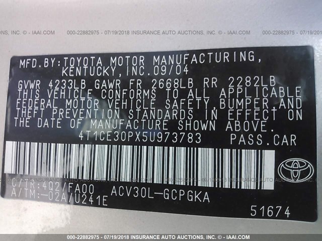 4T1CE30PX5U973783 - 2005 TOYOTA CAMRY SOLARA SE/SLE ოქროსფერი ფოტო 9