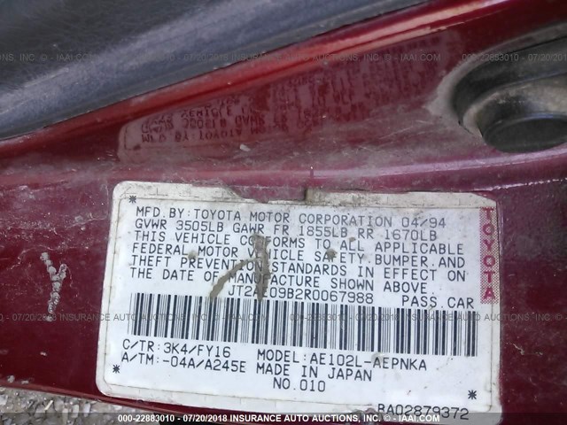 JT2AE09B2R0067988 - 1994 TOYOTA COROLLA LE/DX RED photo 9