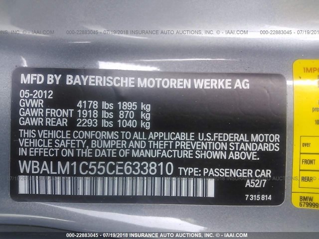 WBALM1C55CE633810 - 2012 BMW Z4 SDRIVE35IS GRAY photo 9