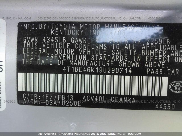 4T1BE46K19U290714 - 2009 TOYOTA CAMRY SE/LE/XLE SILVER photo 9