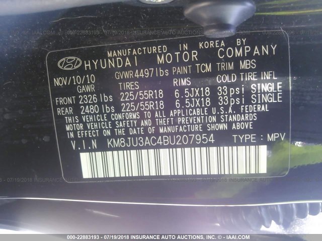 KM8JU3AC4BU207954 - 2011 HYUNDAI TUCSON GLS/LIMITED შავი ფოტო 9