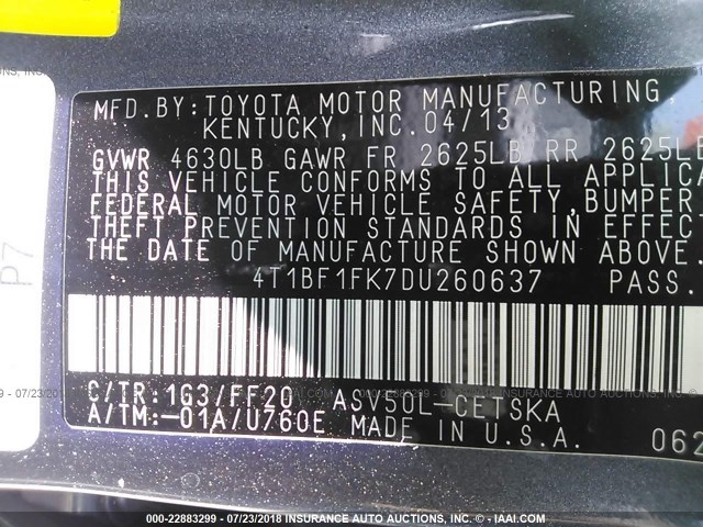 4T1BF1FK7DU260637 - 2013 TOYOTA CAMRY L/SE/LE/XLE 灰色 照片 9