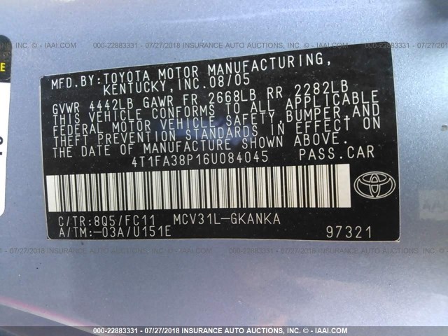 4T1FA38P16U084045 - 2006 TOYOTA CAMRY SOLARA SE/SLE ღია ლურჯი ფოტო 9