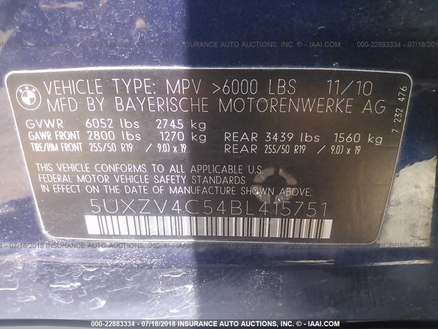 5UXZV4C54BL415751 - 2011 BMW X5 XDRIVE35I BLUE photo 9