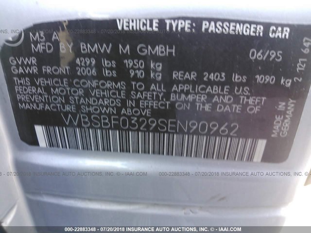 WBSBF0329SEN90962 - 1995 BMW M3 AUTOMATIC SILVER photo 9