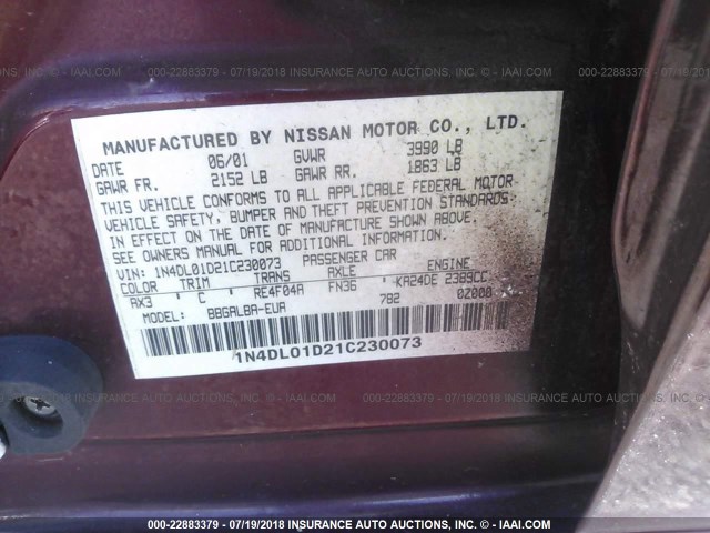 1N4DL01D21C230073 - 2001 NISSAN ALTIMA XE/GXE/SE RED photo 9