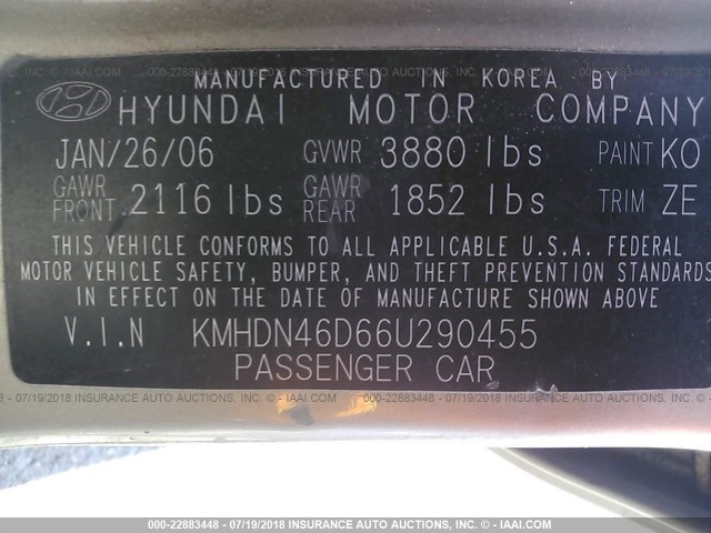 KMHDN46D66U290455 - 2006 HYUNDAI ELANTRA GLS/GT/LIMITED GOLD photo 9