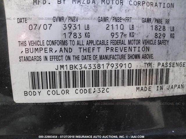 JM1BK343381793910 - 2008 MAZDA 3 HATCHBACK BLUE photo 9