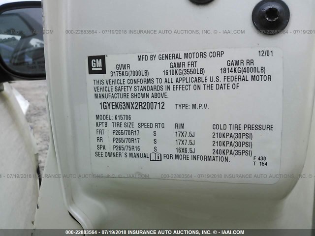 1GYEK63NX2R200712 - 2002 CADILLAC ESCALADE LUXURY თეთრი ფოტო 9