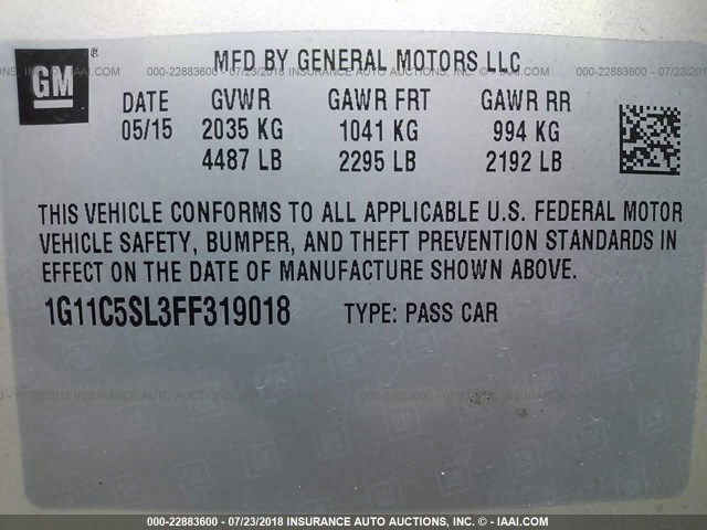 1G11C5SL3FF319018 - 2015 CHEVROLET MALIBU 1LT 金色 照片 9