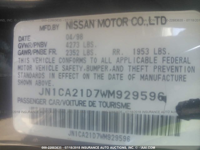 JN1CA21D7WM929596 - 1998 NISSAN MAXIMA GLE/GXE/SE BLUE photo 9