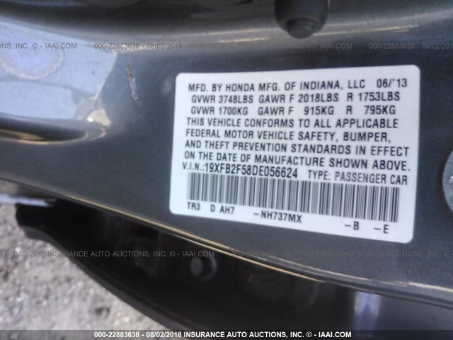 19XFB2F58DE056624 - 2013 HONDA CIVIC LX GRAY photo 9