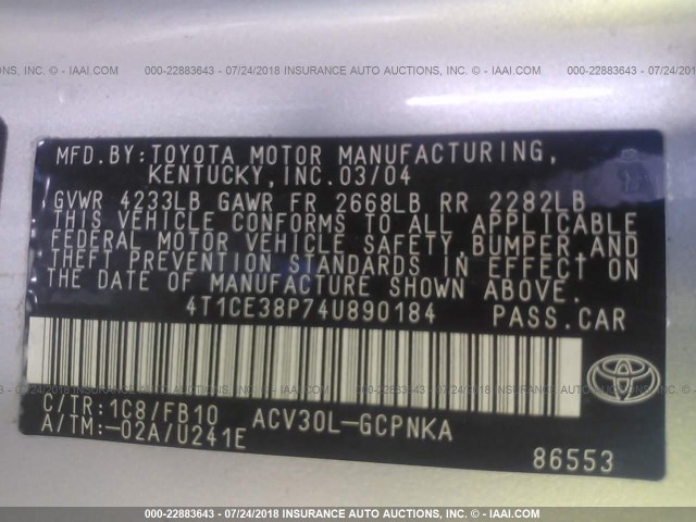 4T1CE38P74U890184 - 2004 TOYOTA CAMRY SOLARA SE/SLE SILVER photo 9