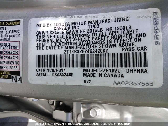 2T1KR32E24C242082 - 2004 TOYOTA COROLLA MATRIX XR SILVER photo 9