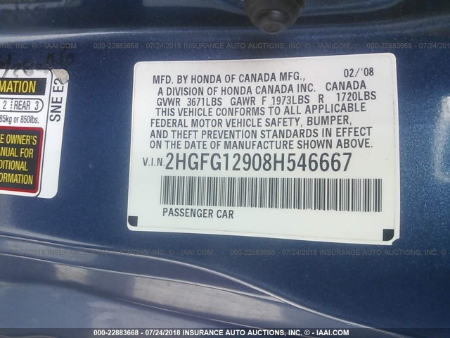 2HGFG12908H546667 - 2008 HONDA CIVIC EXL BLUE photo 9