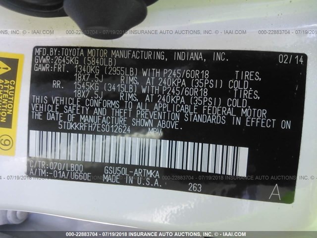 5TDKKRFH7ES012624 - 2014 TOYOTA HIGHLANDER XLE თეთრი ფოტო 9