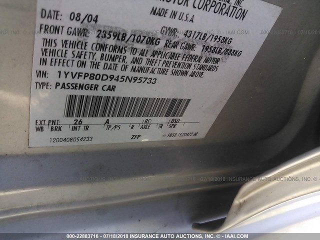 1YVFP80D945N95733 - 2004 MAZDA 6 S SILVER photo 9