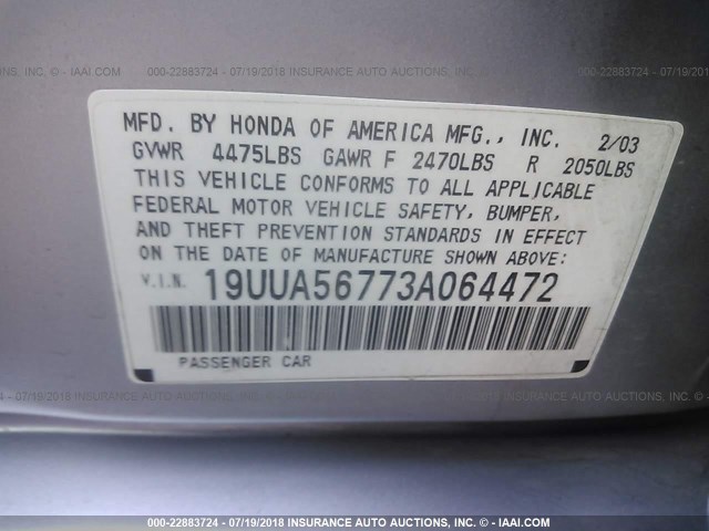 19UUA56773A064472 - 2003 ACURA 3.2TL SILVER photo 9