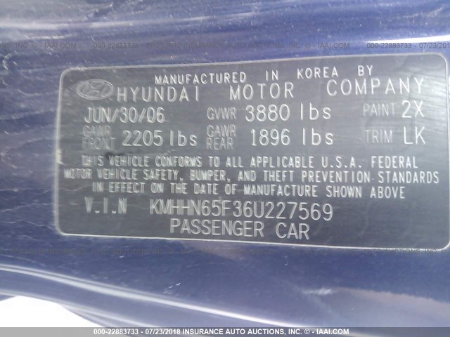 KMHHN65F36U227569 - 2006 HYUNDAI TIBURON GT/SE/GT LIMITED BLUE photo 9