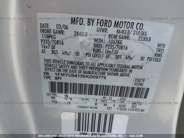 1FMYU94156KD09776 - 2006 FORD ESCAPE LIMITED SILVER photo 9