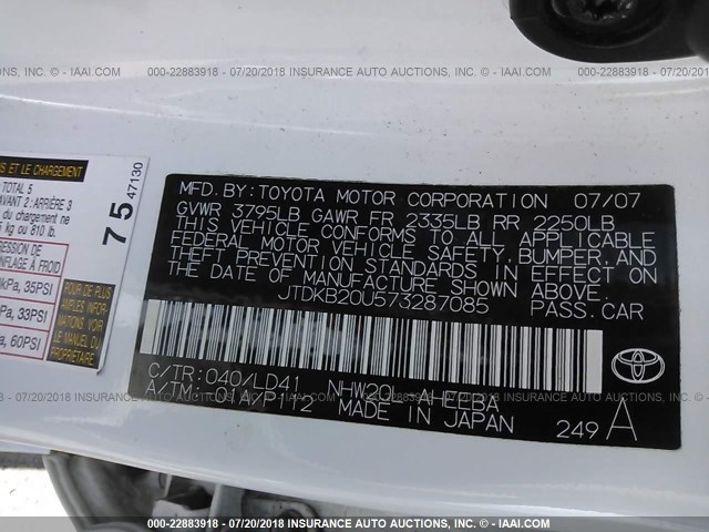 JTDKB20U573287085 - 2007 TOYOTA PRIUS WHITE photo 9